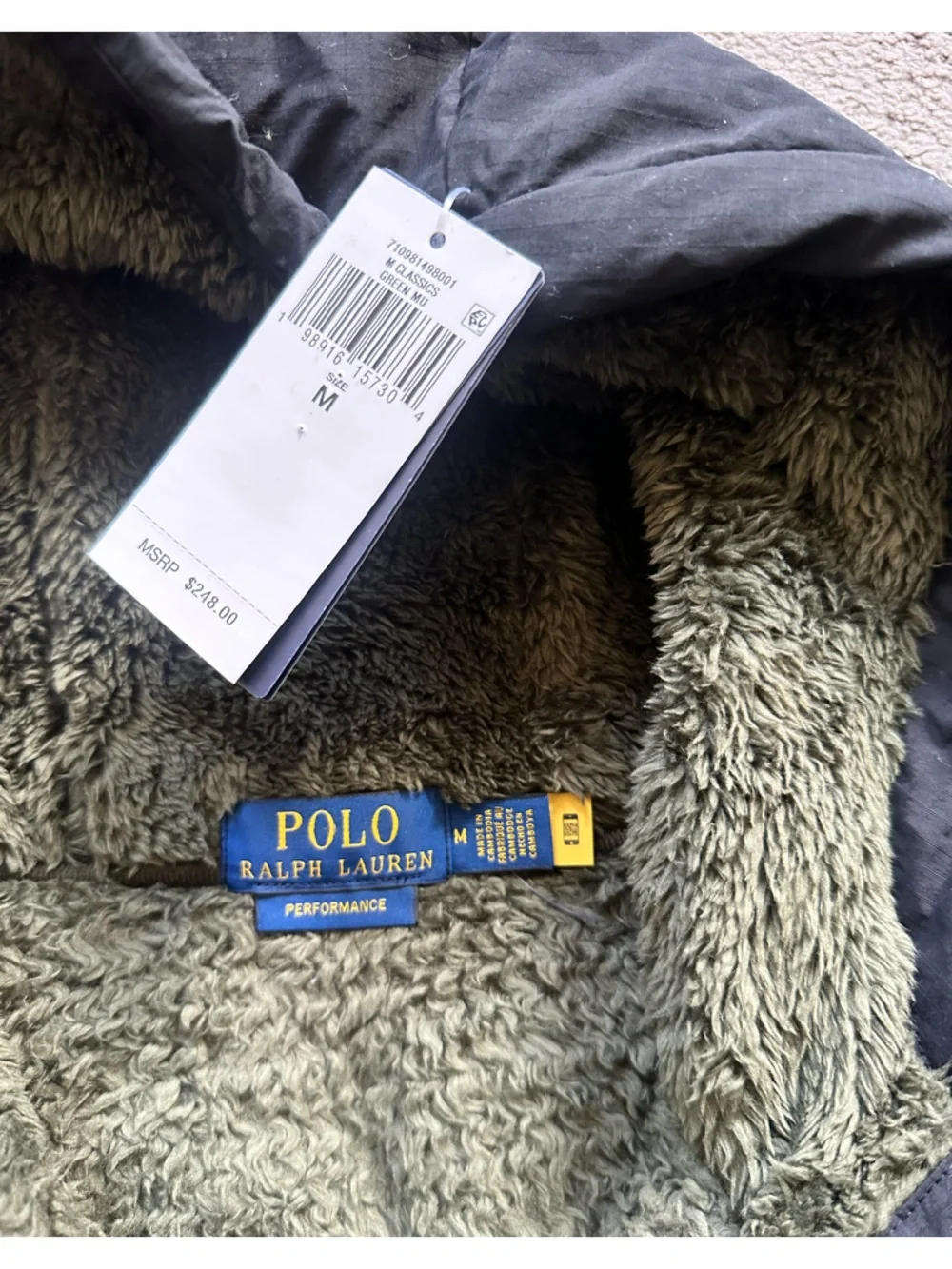 Polo by Ralph Lauren Olive Green and Black Hooded Sherpa Jacket - Picture 3 of 5